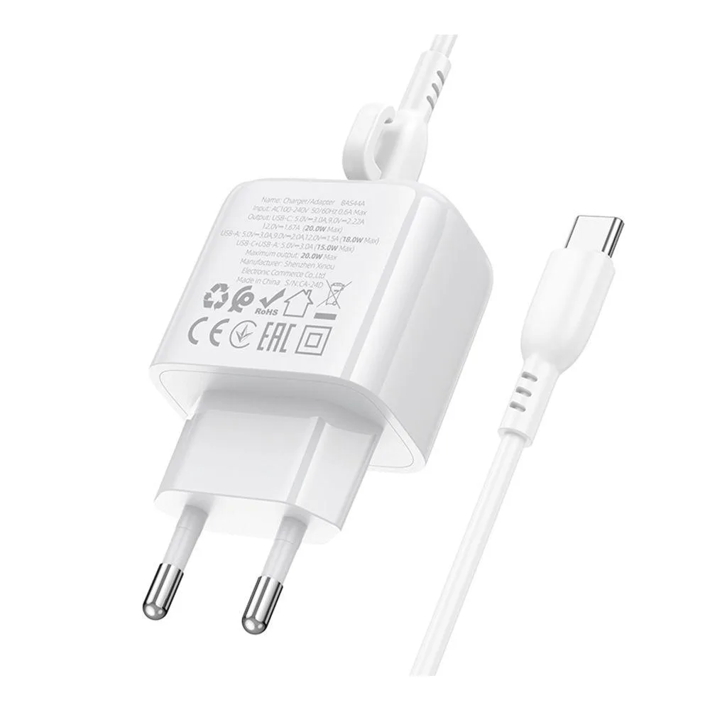 Мережевий Зарядний Пристрій Borofone BAS44A 1USB-C/1USB PD/QC 20W+Type-C to Type-C Бiлий