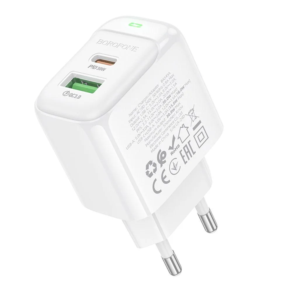 Мережевий Зарядний Пристрій Borofone BAS45A 1USB-C/1USB PD/QC 30W Бiлий