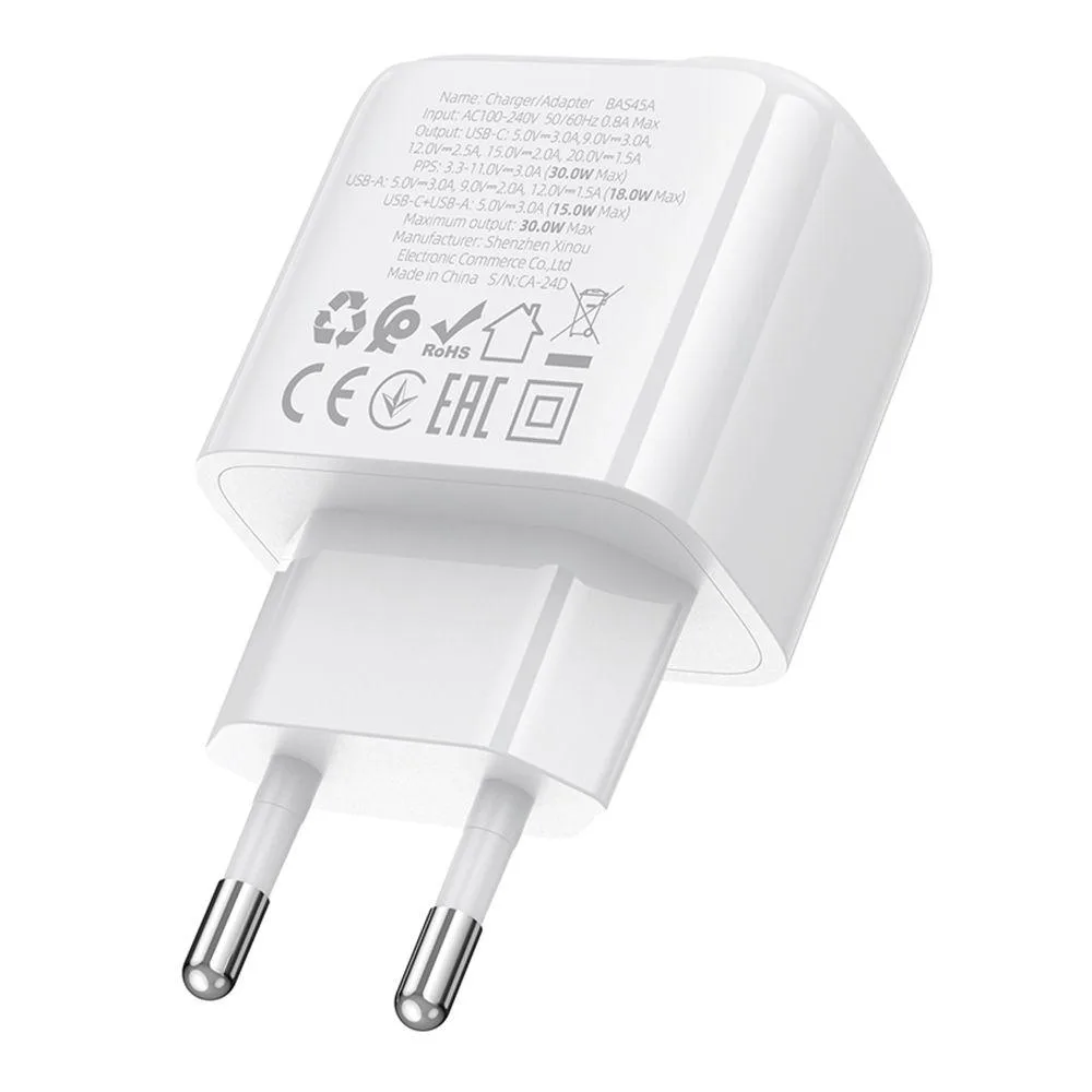 Мережевий Зарядний Пристрій Borofone BAS45A 1USB-C/1USB PD/QC 30W Бiлий