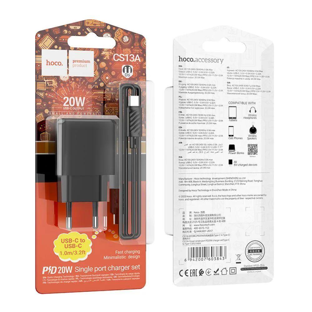 Мережевий Зарядний Пристрій Hoco CS13A 1USB-C PD/QC 20W+Type-C to Type-C Чорний
