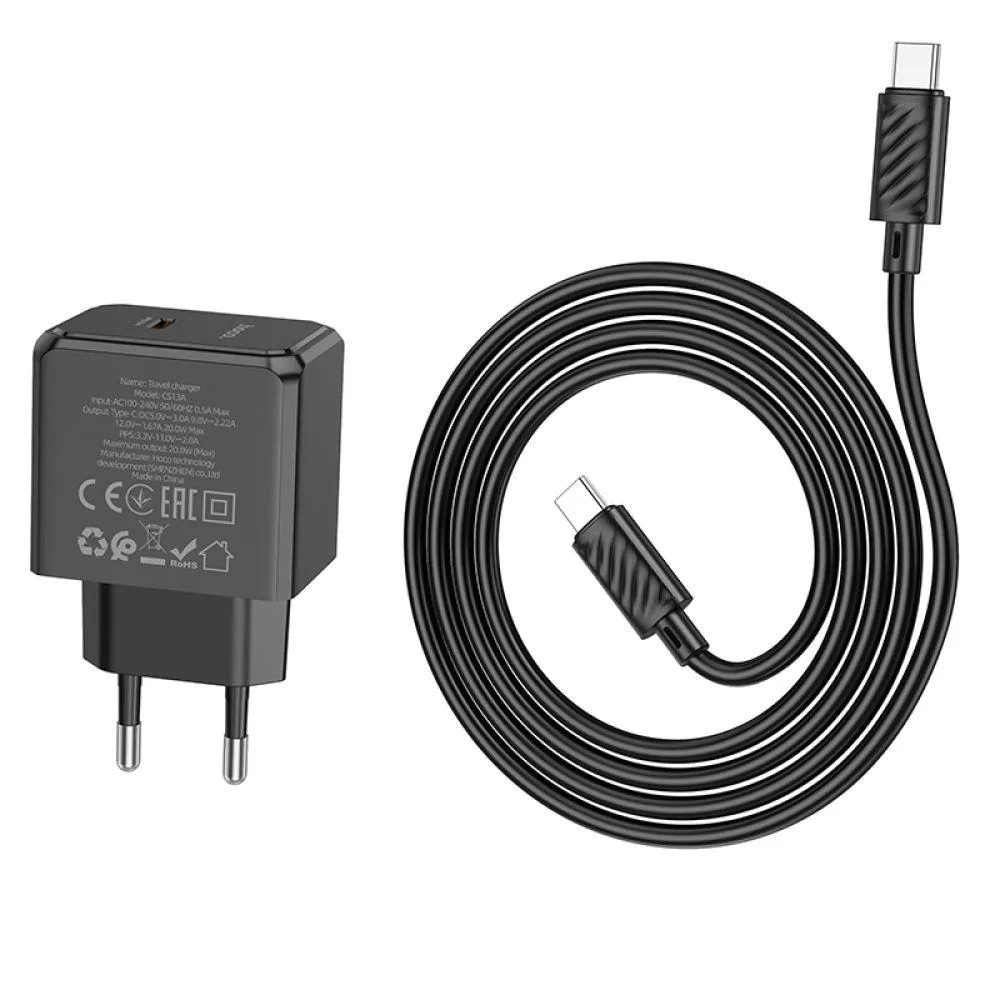 Мережевий Зарядний Пристрій Hoco CS13A 1USB-C PD/QC 20W+Type-C to Type-C Чорний