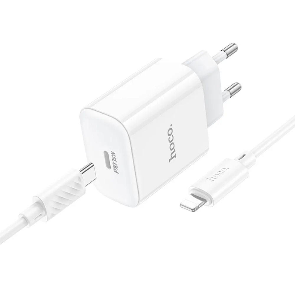 Мережевий Зарядний Пристрій Hoco C76A Pro 1USB-C PD/QC 30W+Type-C to Lightning Бiлий