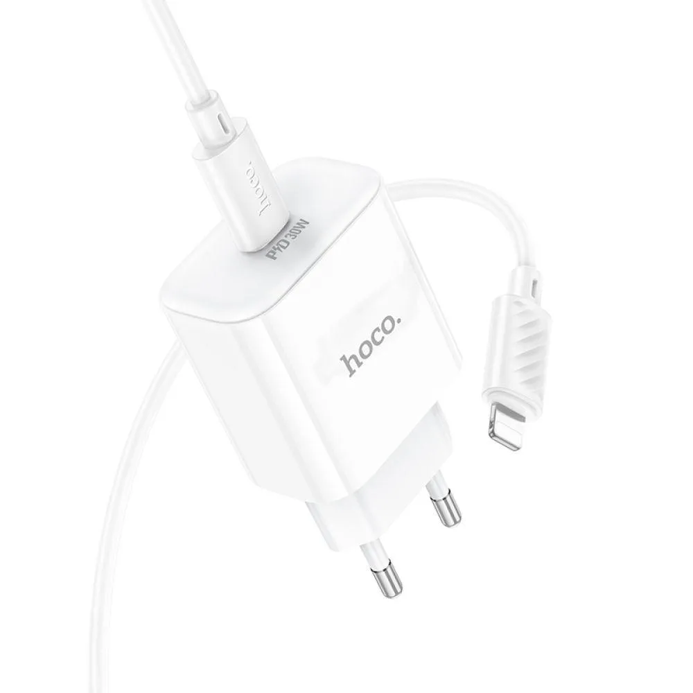 Мережевий Зарядний Пристрій Hoco C76A Pro 1USB-C PD/QC 30W+Type-C to Lightning Бiлий