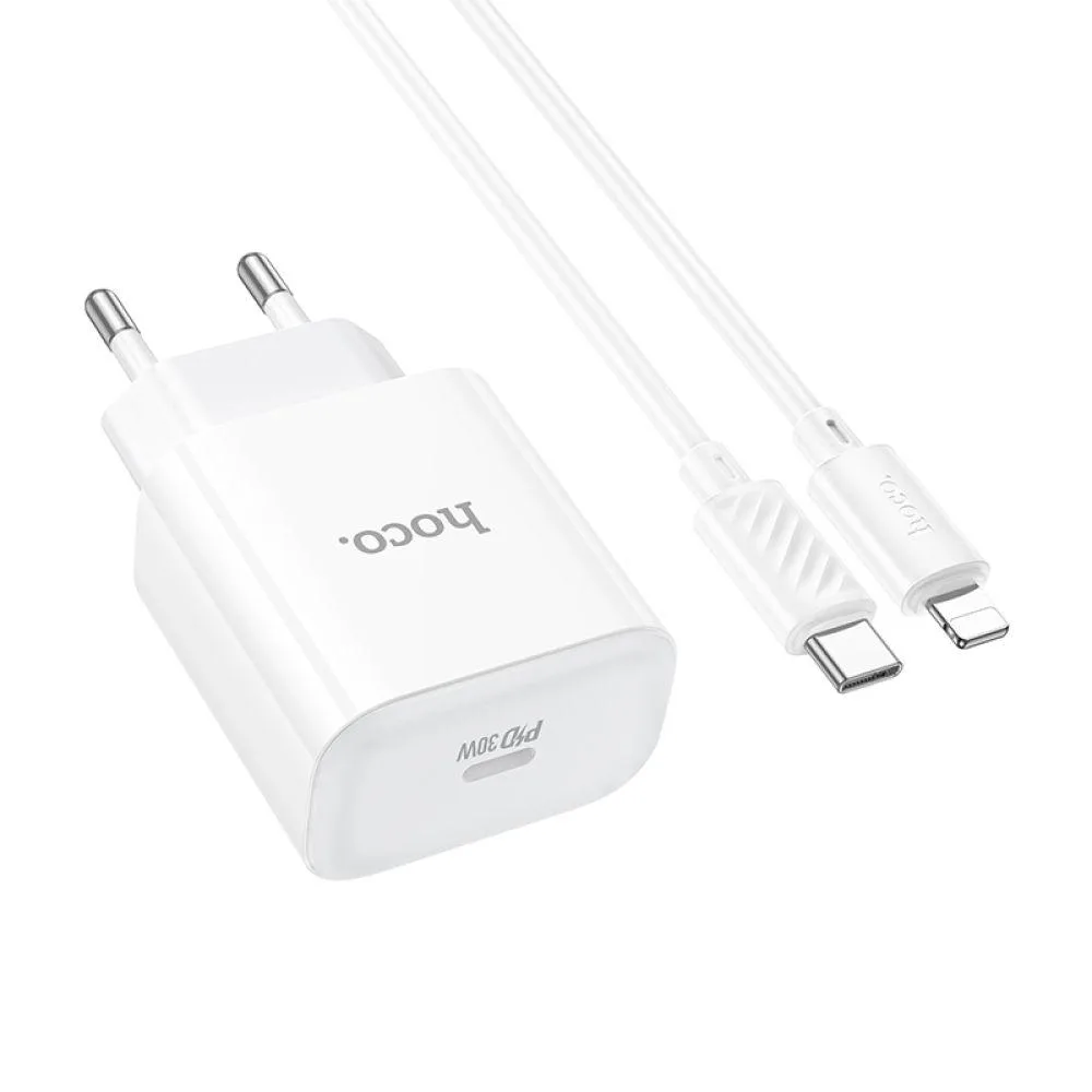Мережевий Зарядний Пристрій Hoco C76A Pro 1USB-C PD/QC 30W+Type-C to Lightning Бiлий
