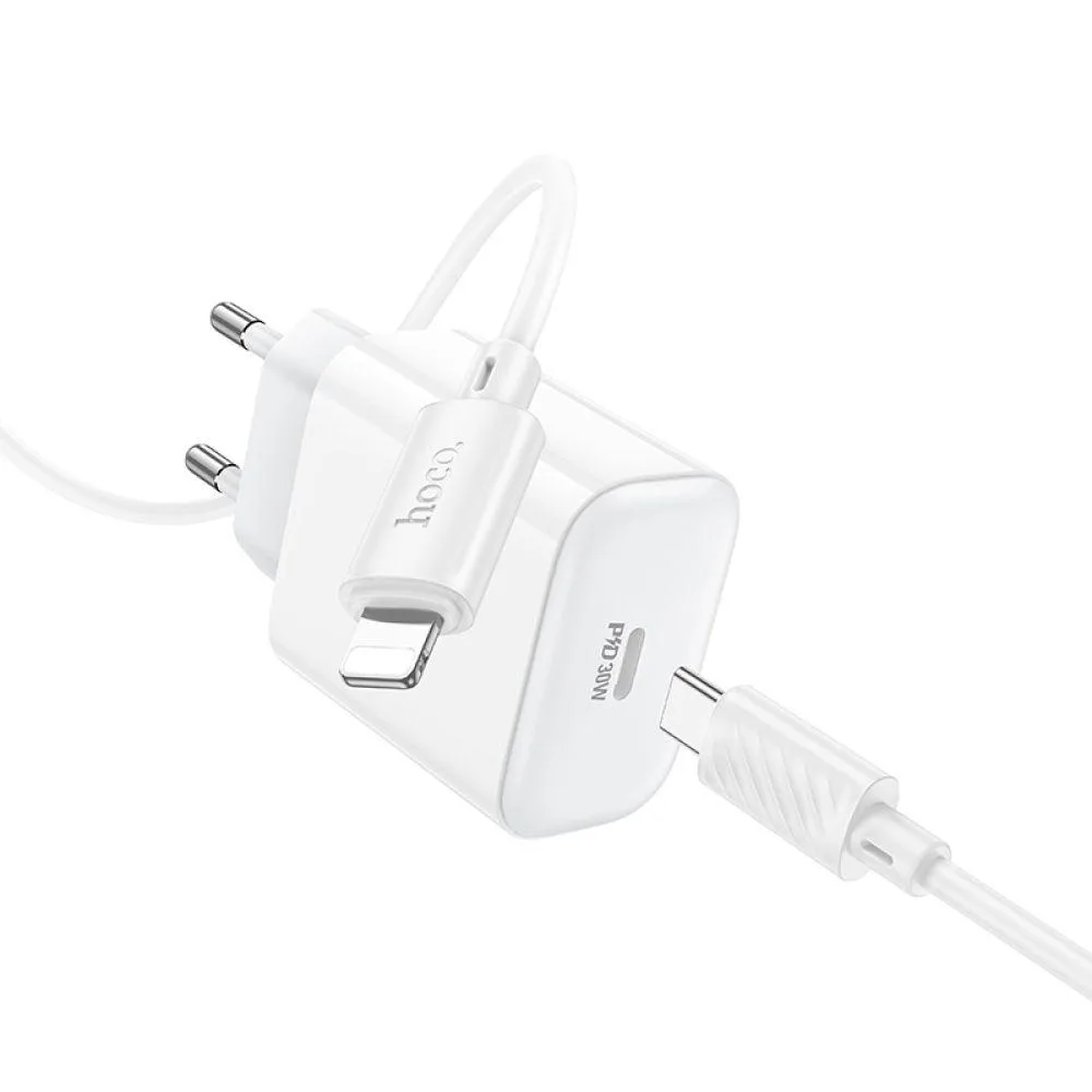 Мережевий Зарядний Пристрій Hoco C76A Pro 1USB-C PD/QC 30W+Type-C to Lightning Бiлий