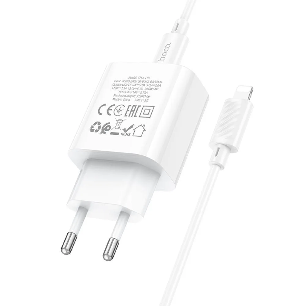 Мережевий Зарядний Пристрій Hoco C76A Pro 1USB-C PD/QC 30W+Type-C to Lightning Бiлий