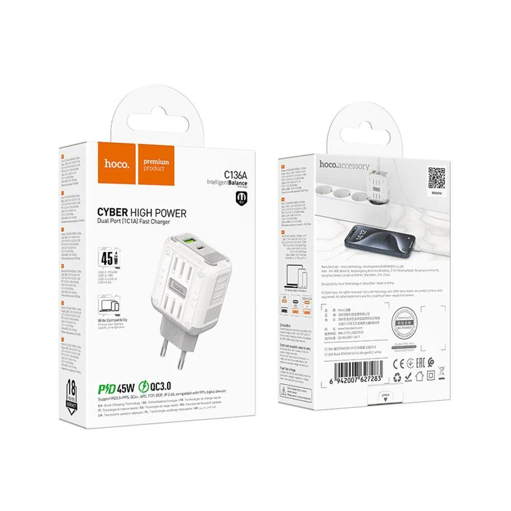 Мережевий Зарядний Пристрій Hoco C136A 1USB-C/1USB PD/QC 45W Бiлий