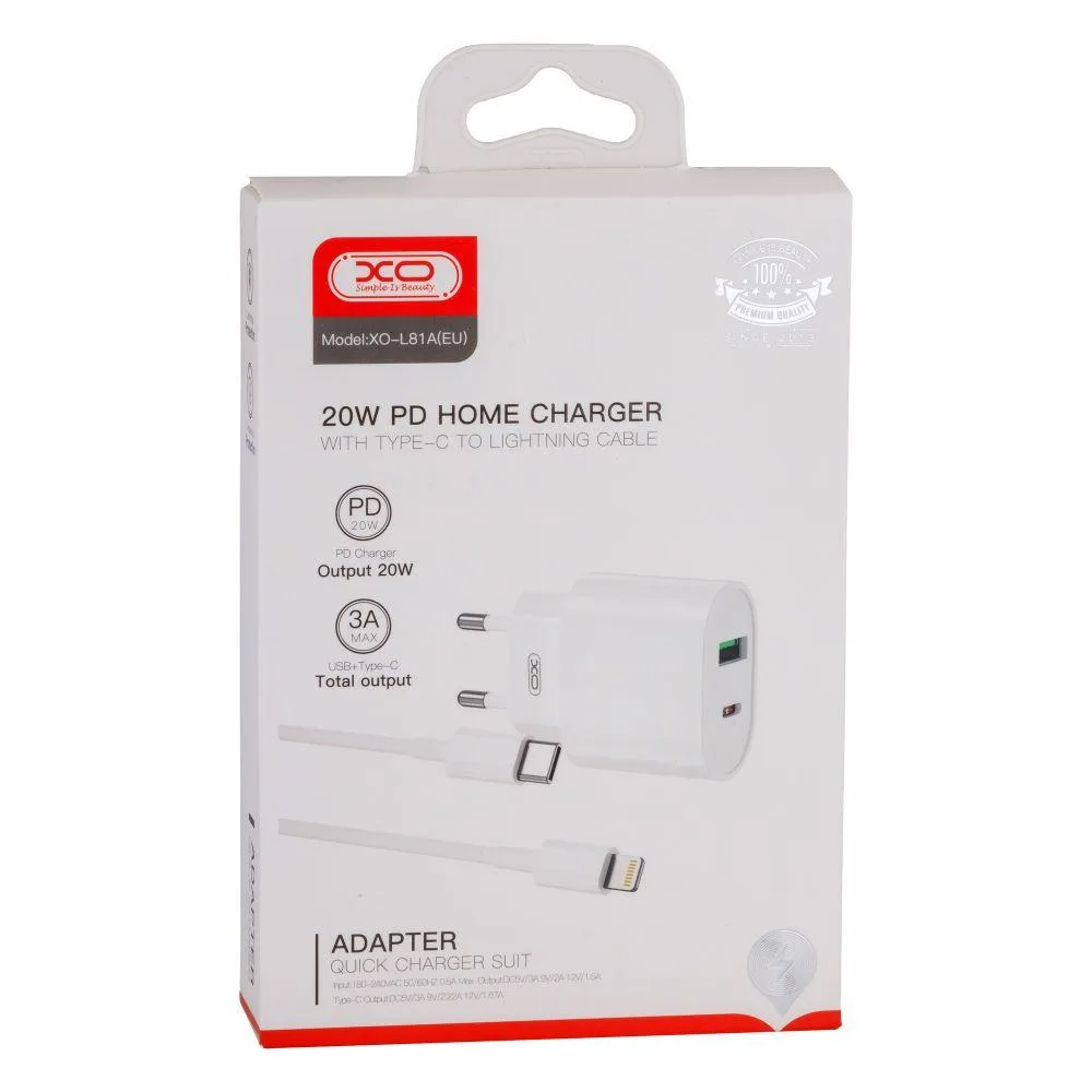 Мережевий Зарядний Пристрій XO L81A EU PD20W+QC3.0 Type-C to Lightning 2USB Колір Бiлий