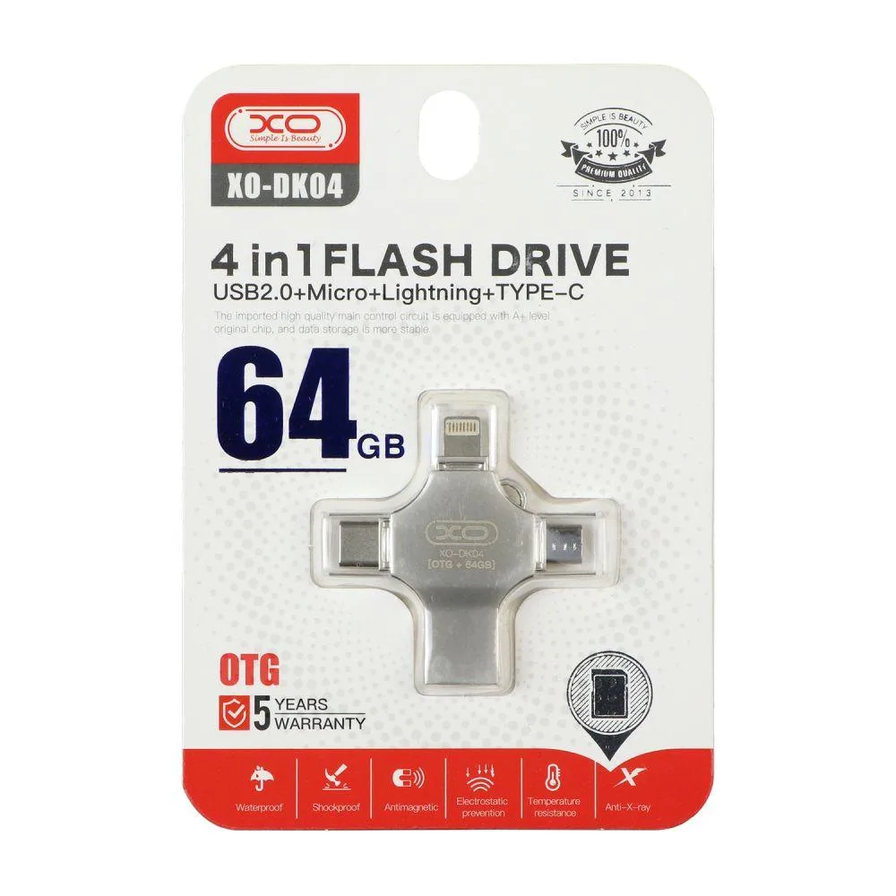 USB флеш-накопичувач XO DK04 USB2.0 4 in 1 64GB Колір Сталевий