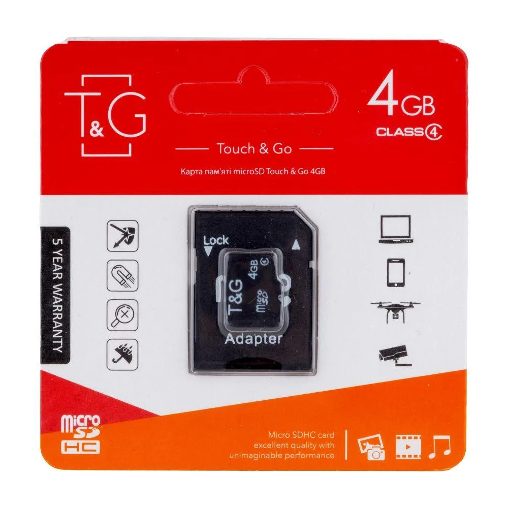 Карта Пам'яті T&G MicroSDHC 4gb 4 Class & Adapter Колір Чорний