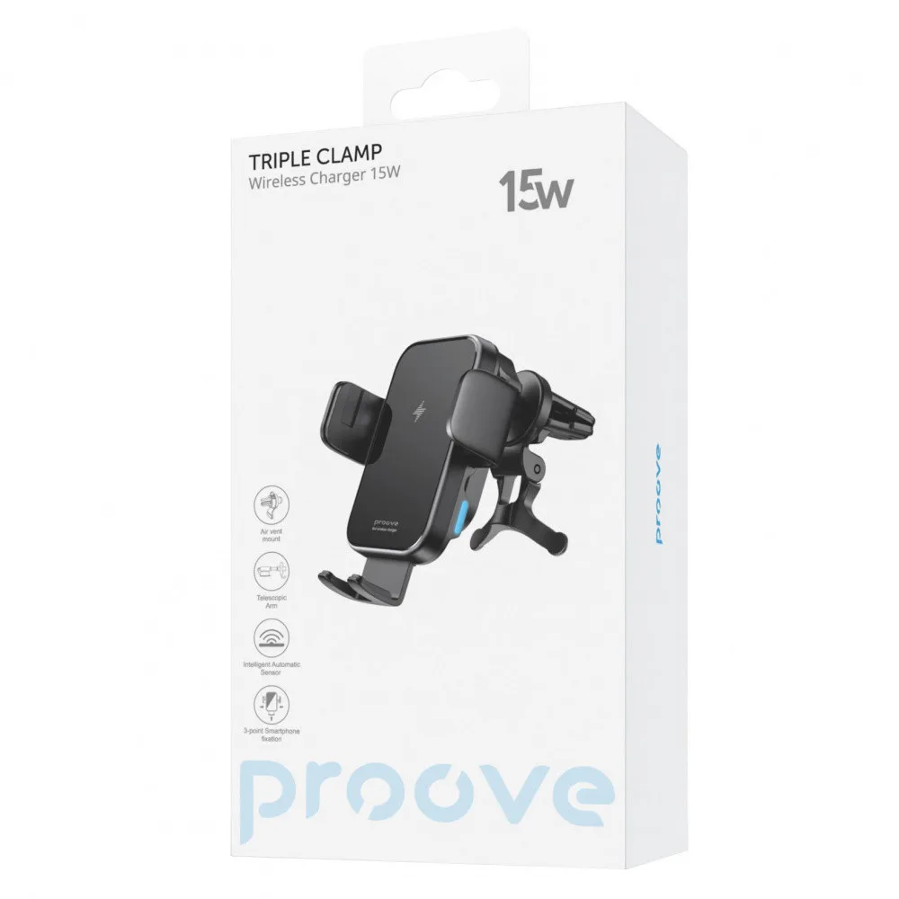 Тримач в машину з Бездротовим ЗП Proove Triple Clamp 15W black