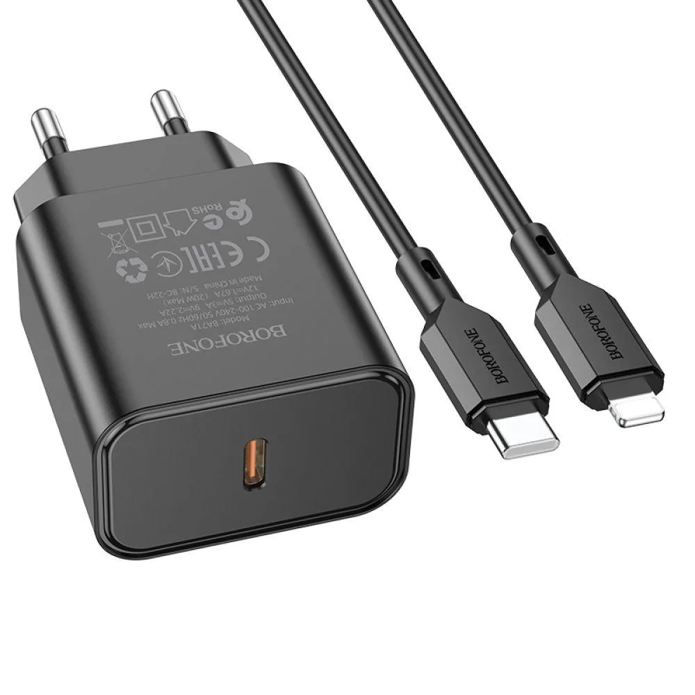Мережевий Зарядний Пристрій Borofone BA71A Power PD20W Type-C to Lightning Колір Чорний