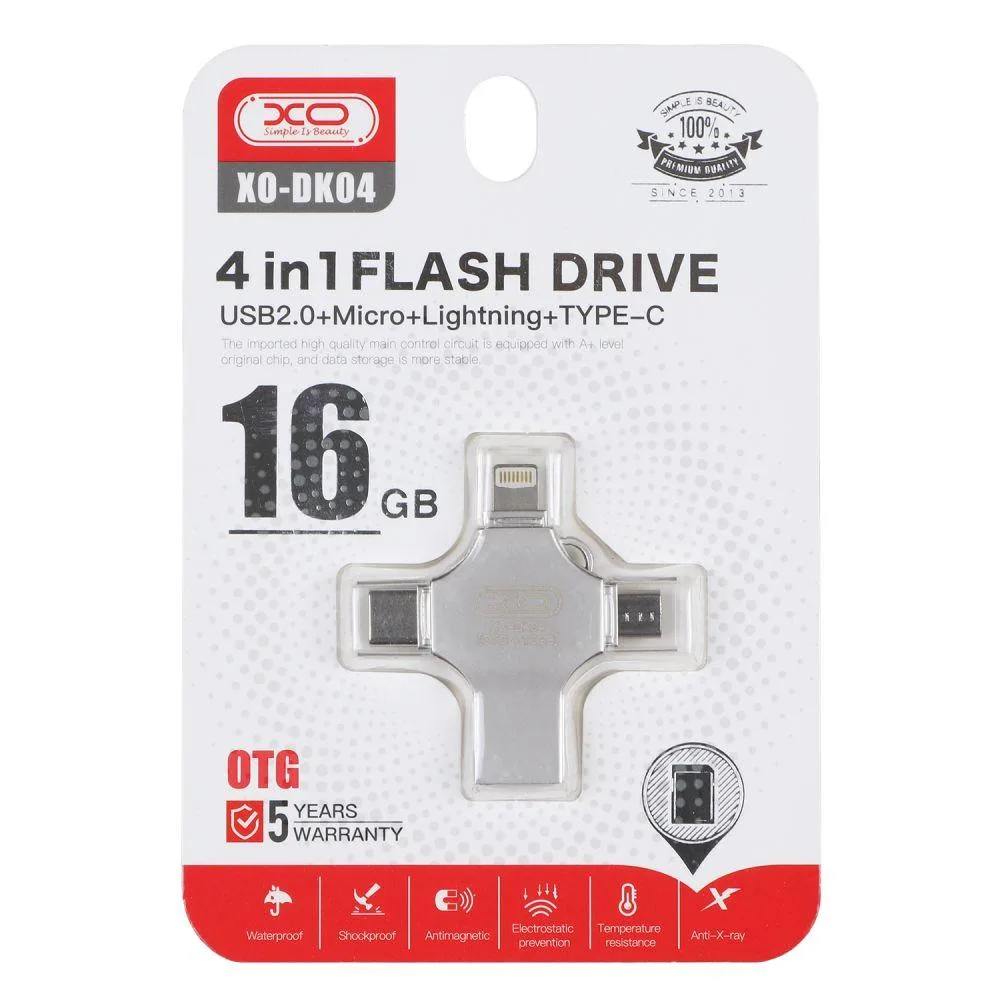 USB флеш-накопичувач XO DK04 USB2.0 4 in 1 16GB Колір Сталевий