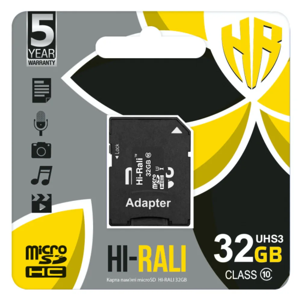 Карта Пам'яті Hi-Rali MicroSDHC 32gb UHS-3 10 Class & Adapter Чорний