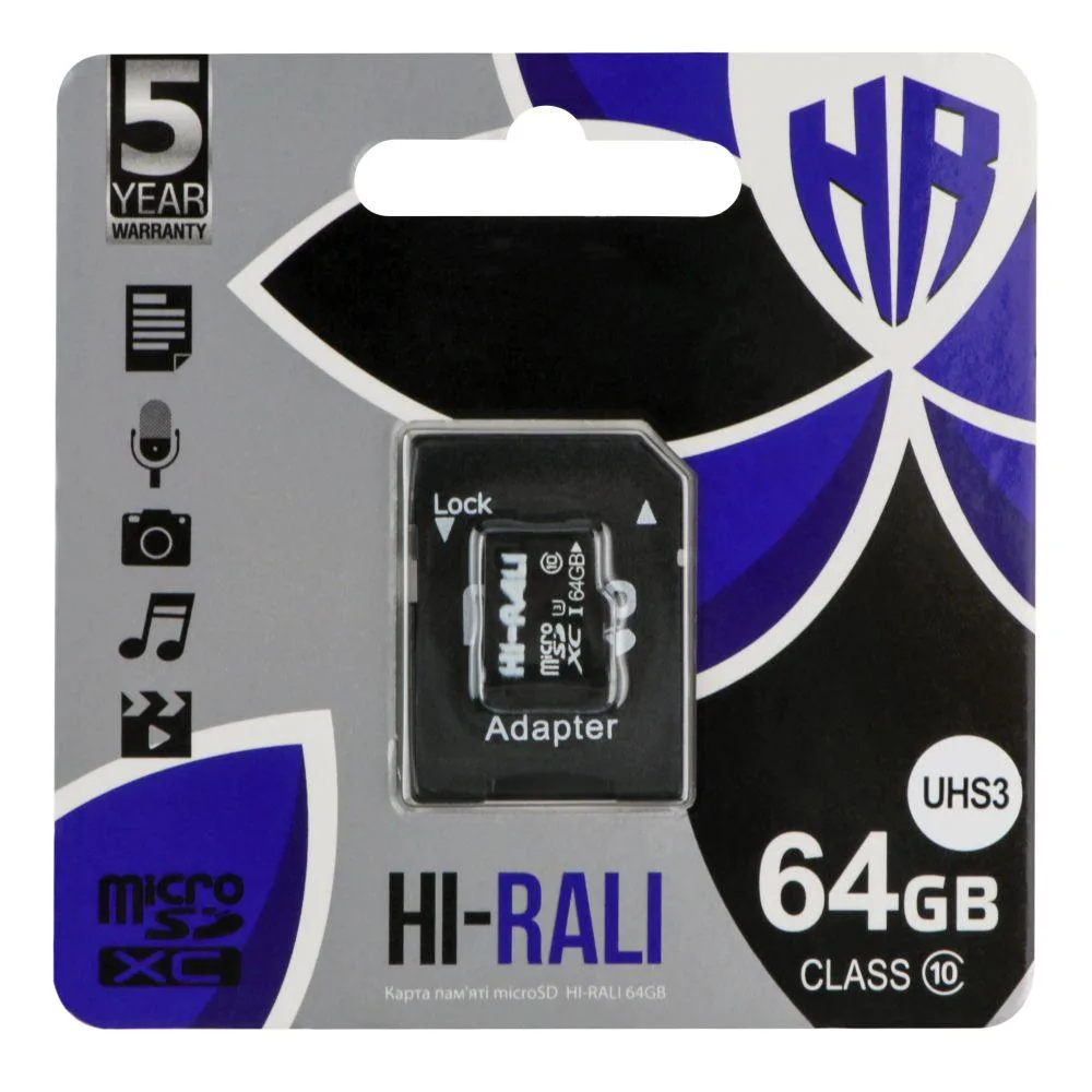 Карта Пам'яті Hi-Rali MicroSDXC 64gb UHS-3 10 Class & Adapter Чорний