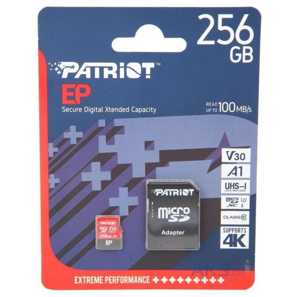 Карта Пам'яті Patriot EP microSDXC (UHS-I/U3) 256gb V30 10 Class & Adapter Чорно-Червоний