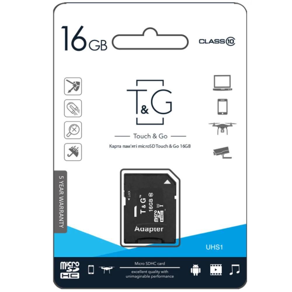 Карта Пам'яті T&G MicroSDHC 16gb UHS-1 10 Class & Adapter Чорний