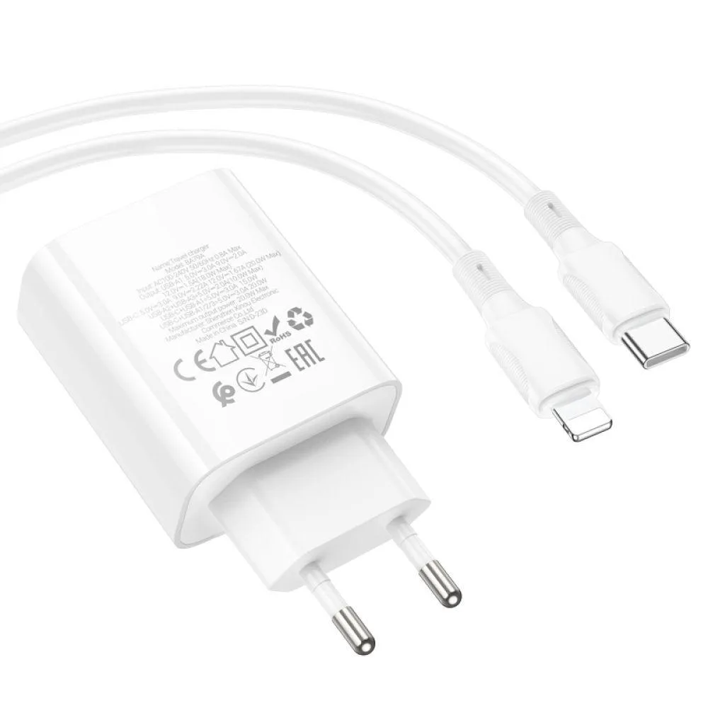 Мережевий Зарядний Пристрій Borofone BA79A Clever PD20W/QC (1C3A) Type C to Lightning Колір Бiлий