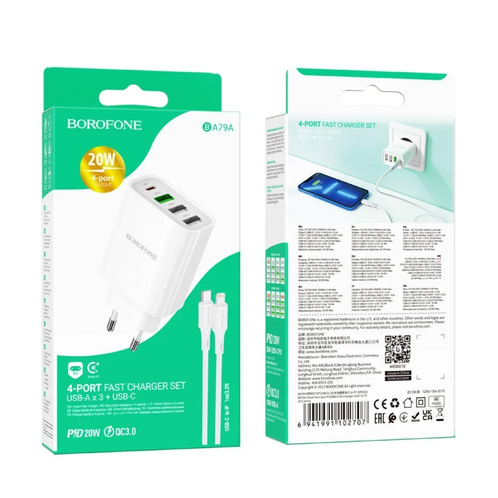 Мережевий Зарядний Пристрій Borofone BA79A Clever PD20W/QC (1C3A) Type C to Lightning Колір Бiлий