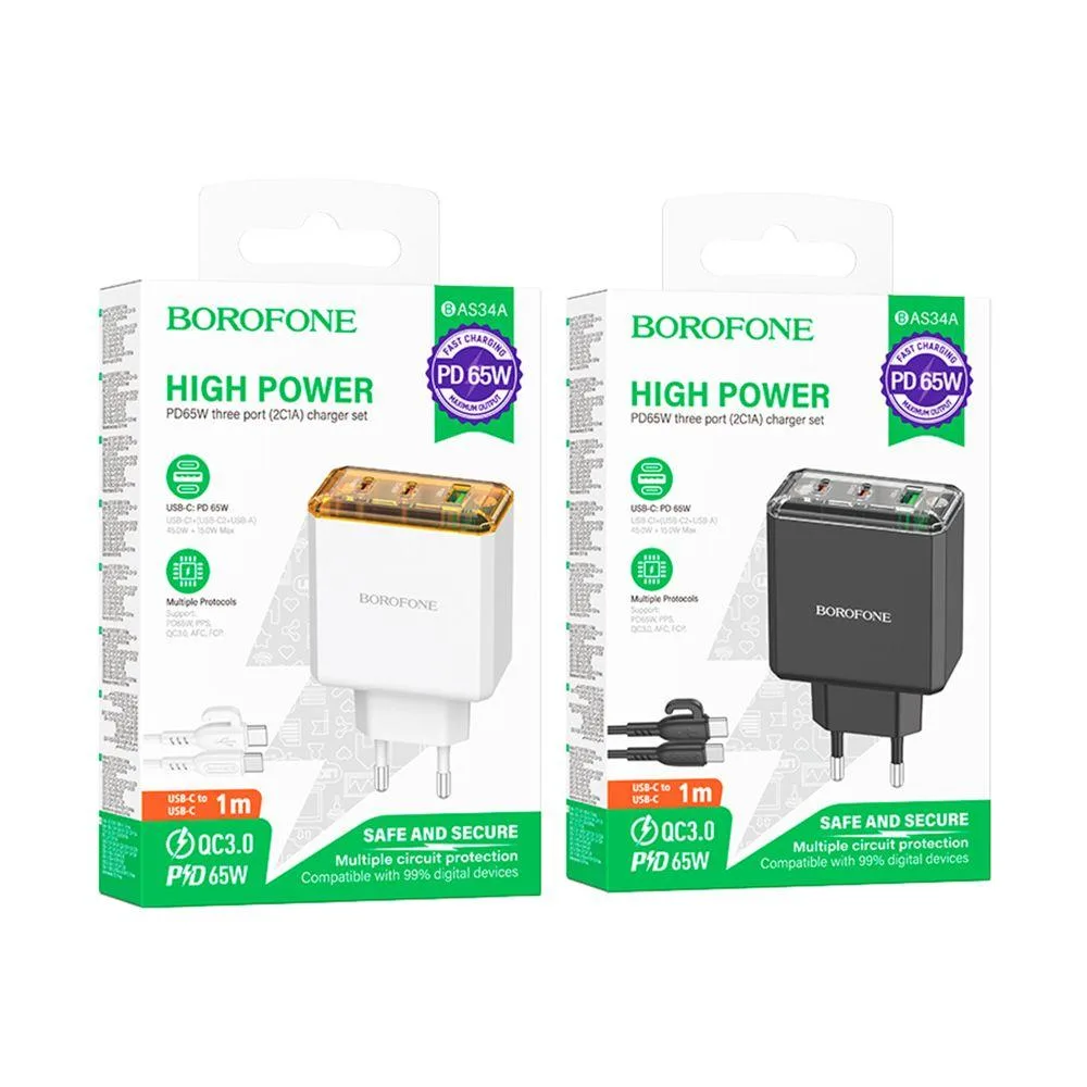 Мережевий Зарядний Пристрій Borofone BAS34A 2Type-C/1USB PD/QC 65W Type-C to Type-C Чорний