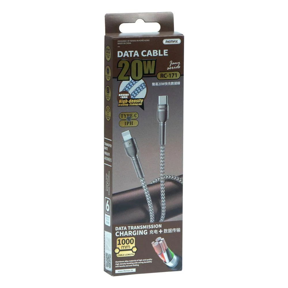 Кабель USB Remax RC-171 type C to lightning 20W PD Колір Сталевий