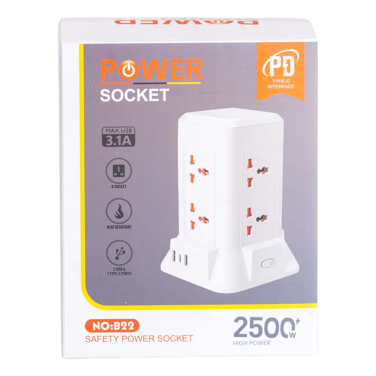 Мережевий фільтр подовжувач 2.8 м з лампою на 6 універсальних розеток з 2 USB, 1 Type-C, бездротова зарядка HP-5-1