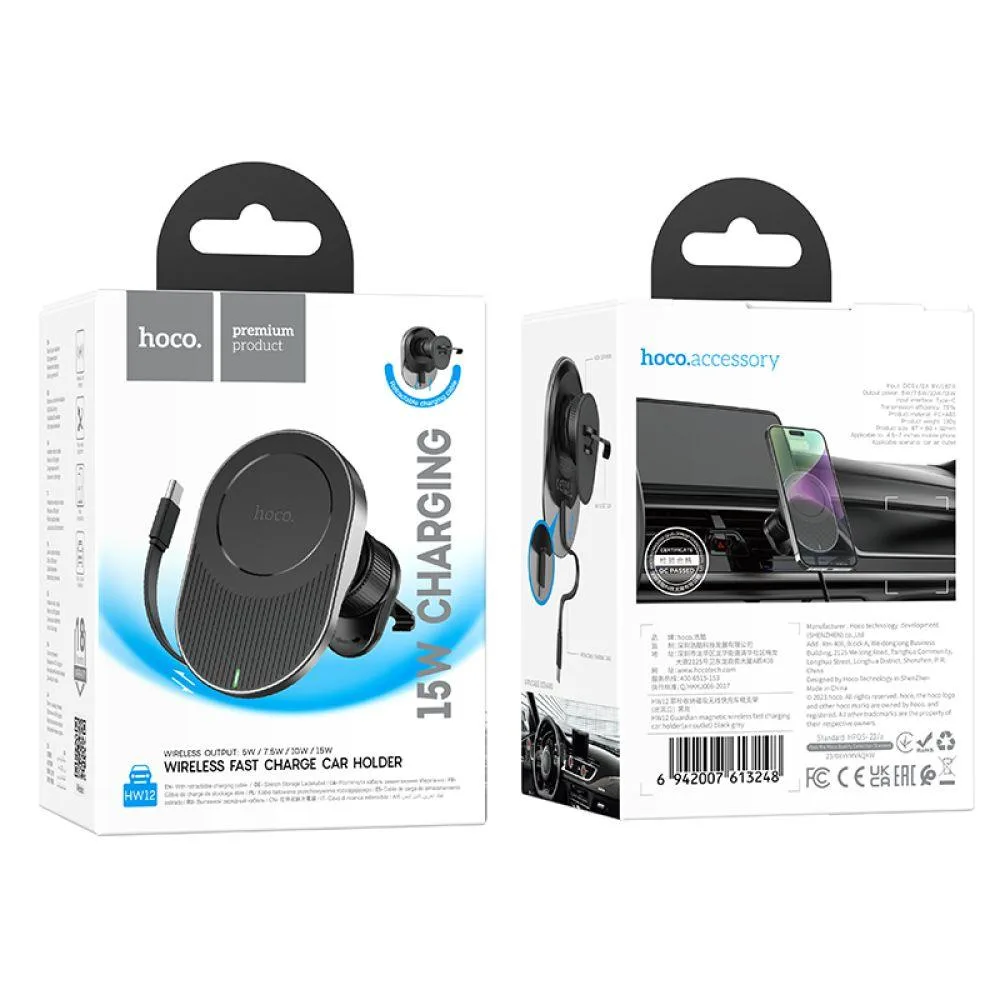 Автотримач Hoco Hoco HW12 Guardian Magnetic Wireless 15W Колір Чорно-Сiрий
