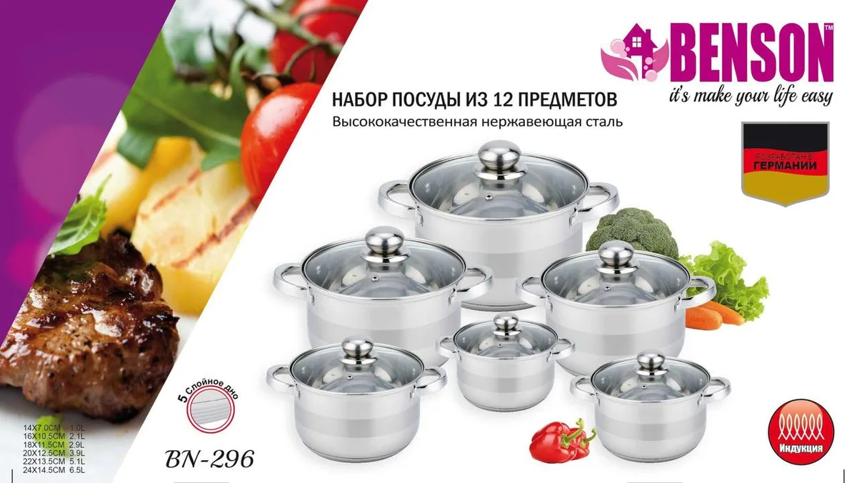 Набір каструль 12 предметів Нержавіюча сталь 1л 14x7см 2.1л 16x10.5см 2.9л 18x11.5см 3.9л 20x12.5см 5.1л 22x13.5см 6.5л 24x14.5см