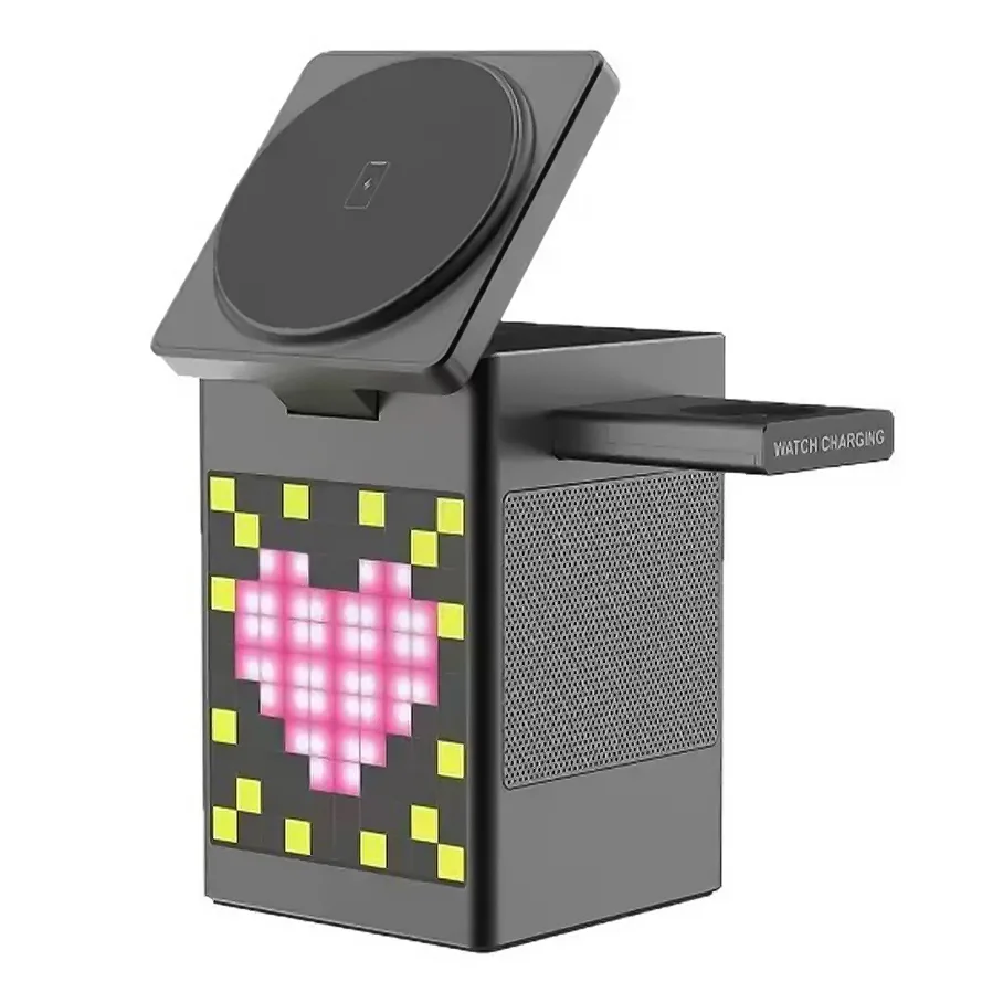 Бездротовий Зарядний Пристрій 5in1 15W (Pixel Display/Clock/BT Speaker 5W) IP Version Чорний