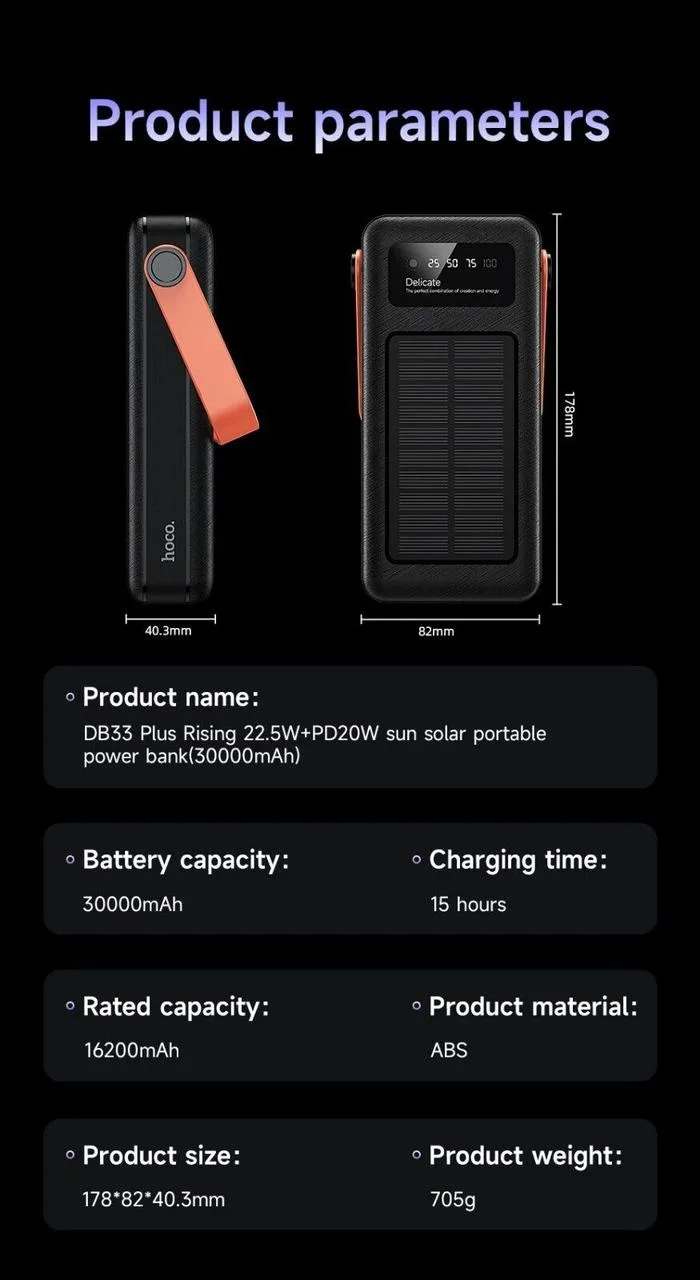 Power Bank Hoco DB33 Plus Solar повербанк 30000 mAh PD20W+QC3.0 Оригінал, чорний