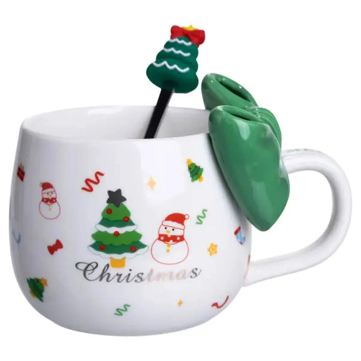 Новорічна порцелянова чашка з ложкою Merry Christmas 400 (мл) Зелений Yiwu FM-CS-19B