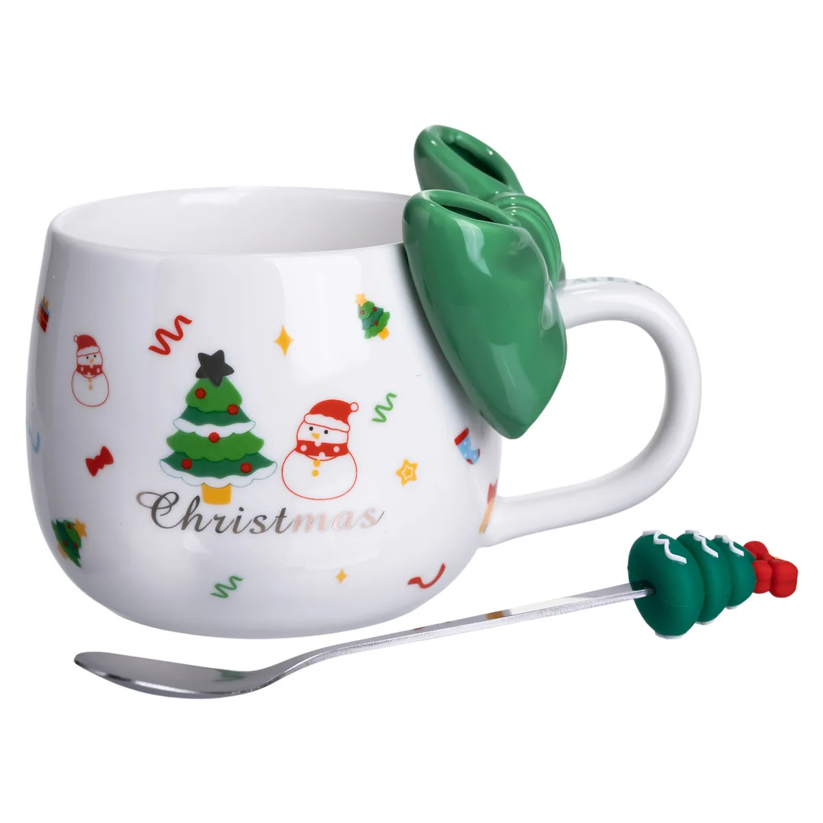 Новорічна порцелянова чашка з ложкою Merry Christmas 400 (мл) Зелений Yiwu FM-CS-19B