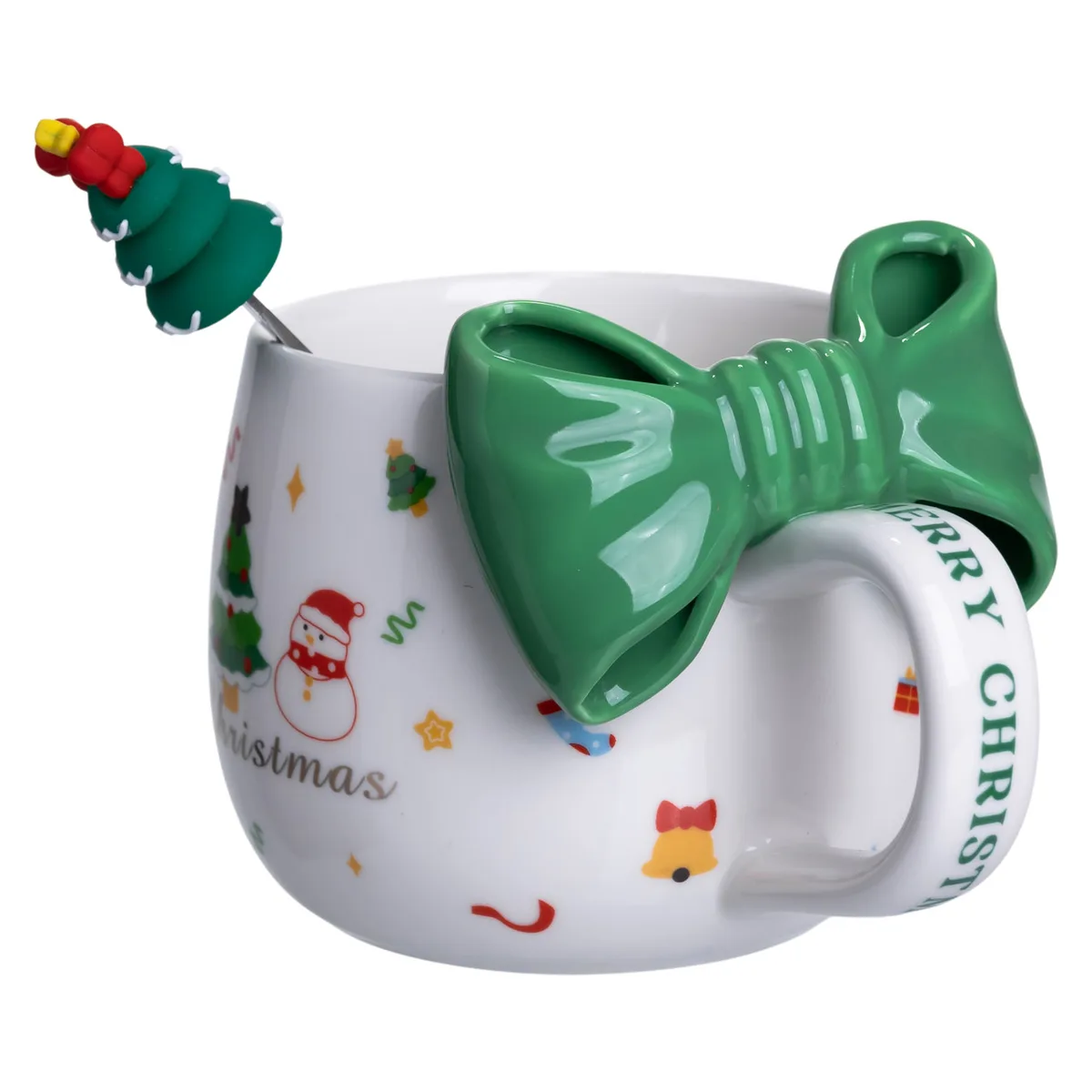 Новорічна порцелянова чашка з ложкою Merry Christmas 400 (мл) Зелений Yiwu FM-CS-19B