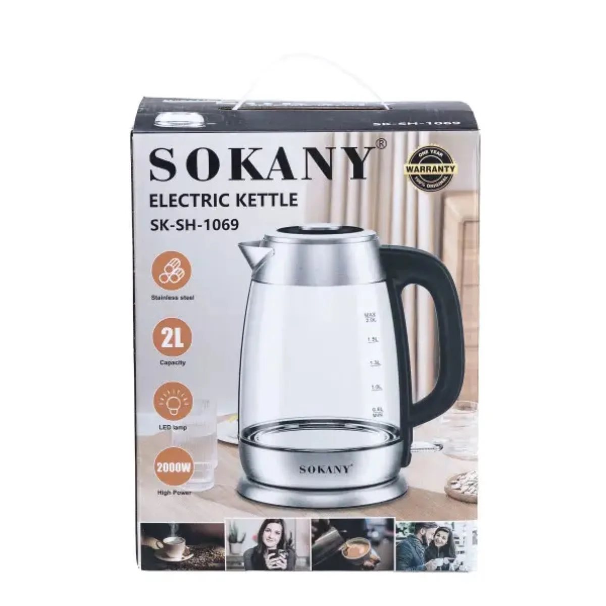 Електрочайник Sokany Electric Kettle 2000W 2l прозорий чайник SKSH1069