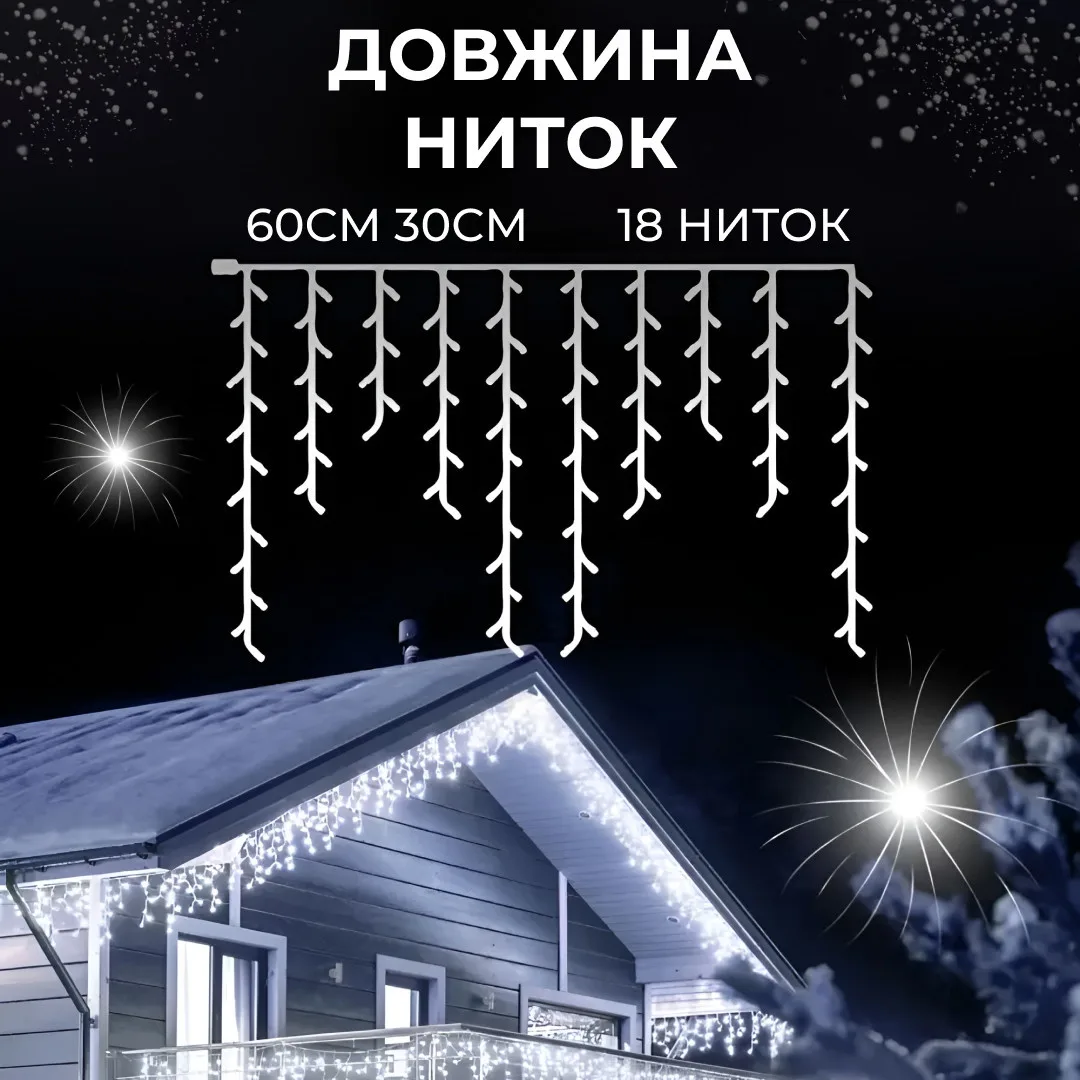 Гірлянда вулична світлодіодна 90 LED 3 метри білий дріт бахрома 18 ниток Білий 3МWW
