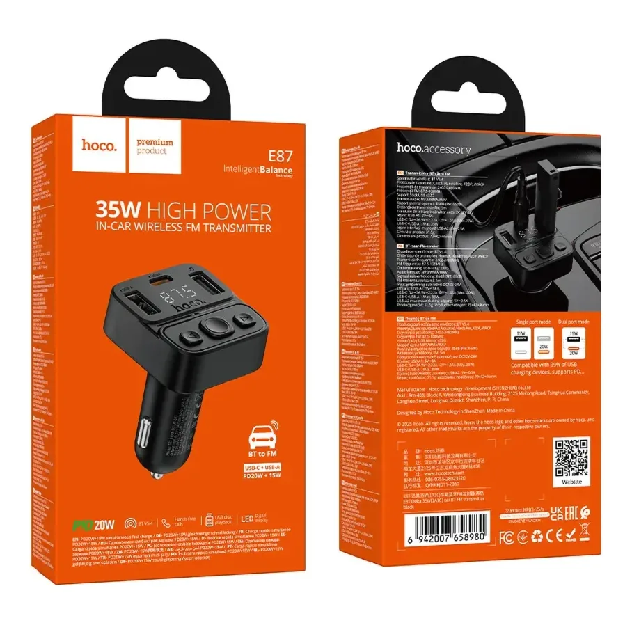 FM-Трансмітер Hoco E87 Delta 35W Bluetooth 5.4 | USB-C PD20W + USB-A QC/FCP/AFC Чорний
