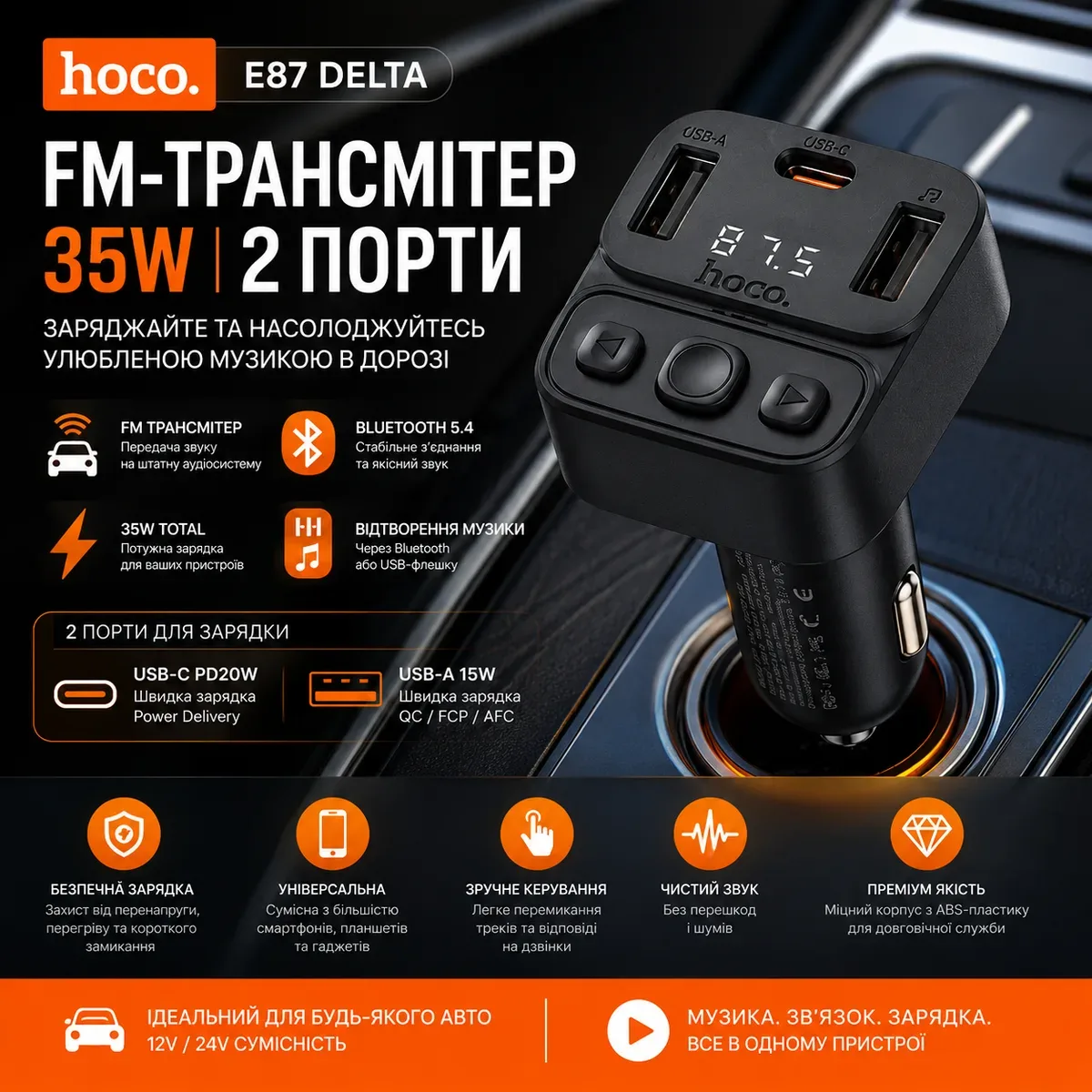 FM-Трансмітер Hoco E87 Delta 35W Bluetooth 5.4 | USB-C PD20W + USB-A QC/FCP/AFC Чорний