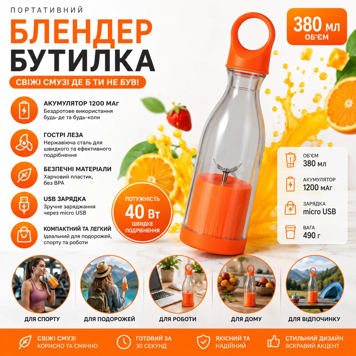 Портативний блендер пляшка A-PLUS Fresh Juice 380 мл USB 1200mAh — бездротовий шейкер для смузі та соків Помаранчевий