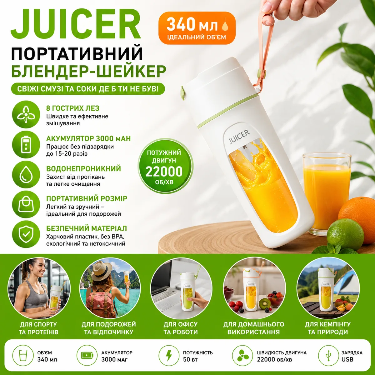 Портативний блендер JUICER 340 мл USB акумуляторний — міні шейкер для смузі, протеїнів та соків Біло-зелений