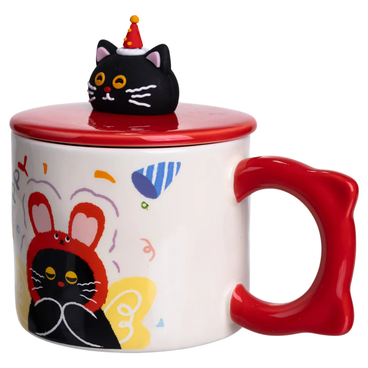 Кубок порцелянова з кришкою Kitten's Birthday 400 (мл) подарункова кружка прикольна чашка для дітей на подарунок Червоний FM-24D