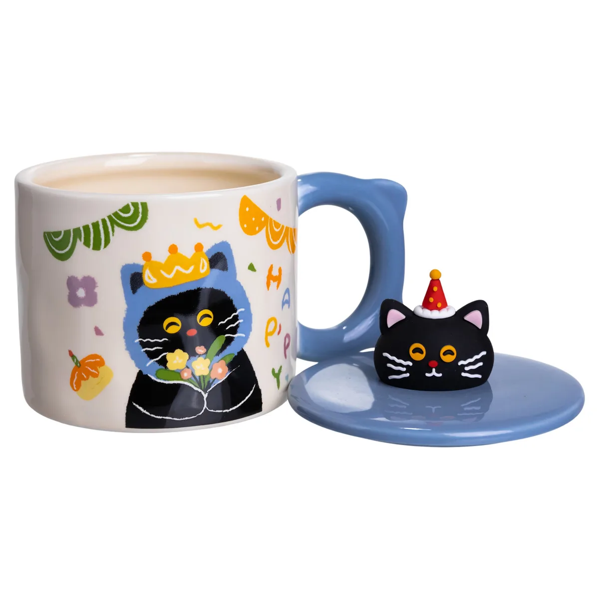 Кубок порцелянова з кришкою Kitten's Birthday 400 (мл) подарункова кружка прикольна чашка для дітей на подарунок Синій FM-24A