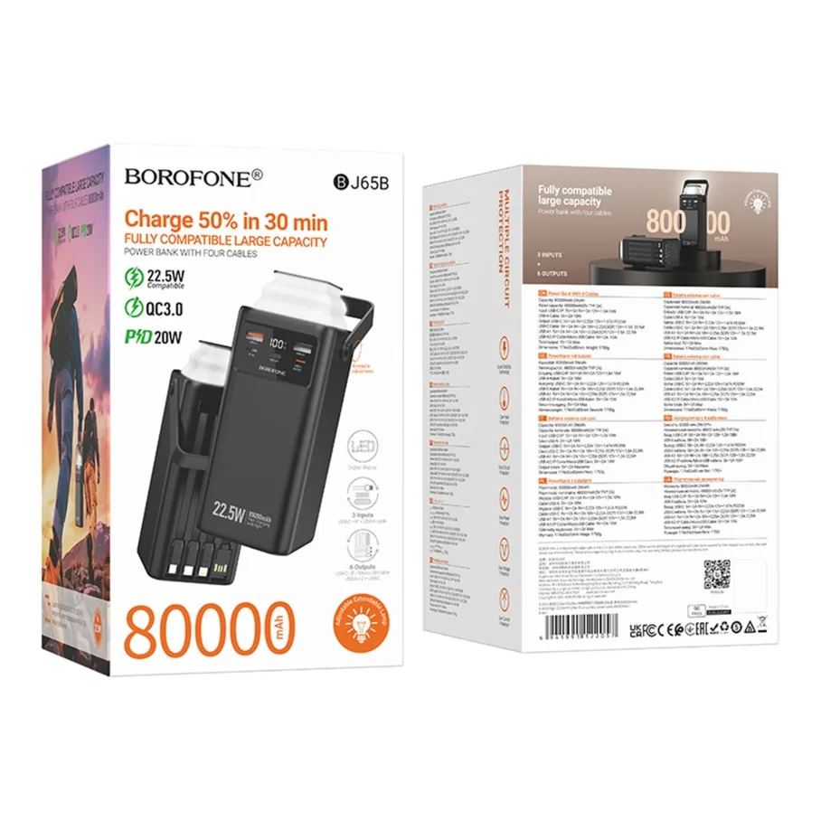 Універсальна Мобільна Батарея Power Bank Borofone BJ65B High 22.5W+PD20W+four-cables 80000mAh Чорний