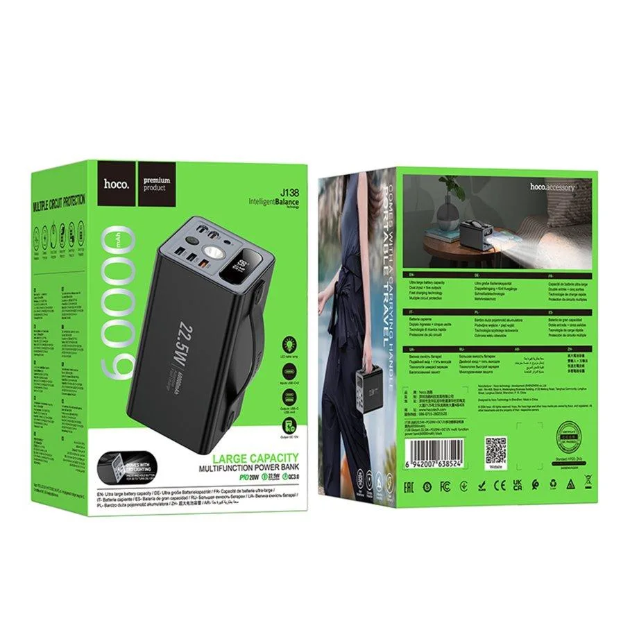 Універсальна Мобільна Батарея Power Bank Hoco J138 Distant 22.5W+PD20W+DC12V 60000 mAh Чорний