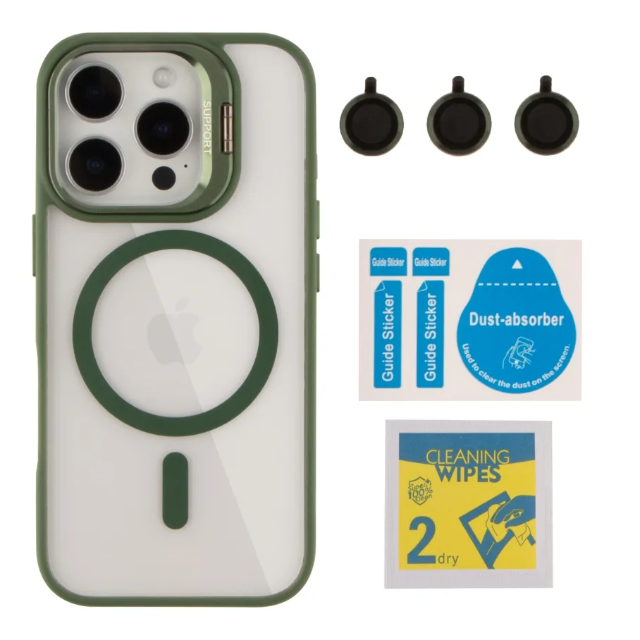 Чохол TPU+PC+Metal Stand Case with MagSafe and Camera Lenses для iPhone 16 Pro Green