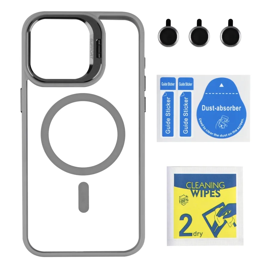 Чохол TPU+PC+Metal Stand Case with MagSafe and Camera Lenses для iPhone 15 Pro Max Grey