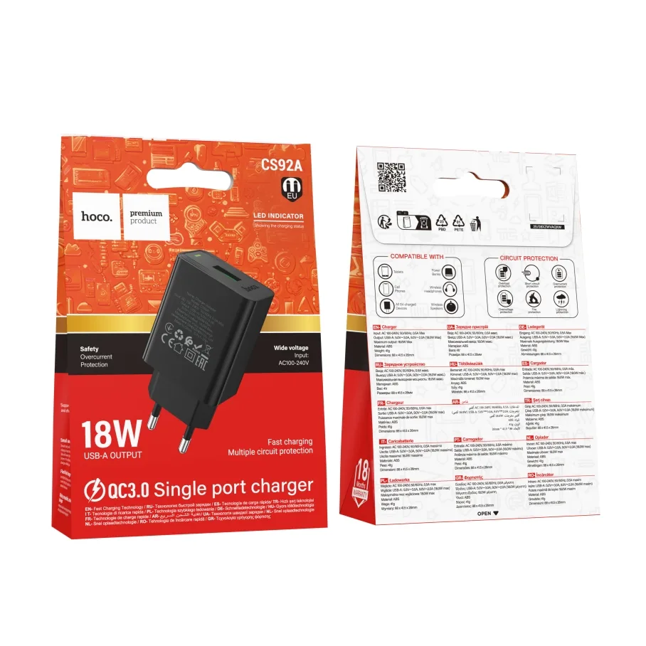 Сетевое Зарядное Устройство Hoco CS92A 1USB QC 18W Чорний
