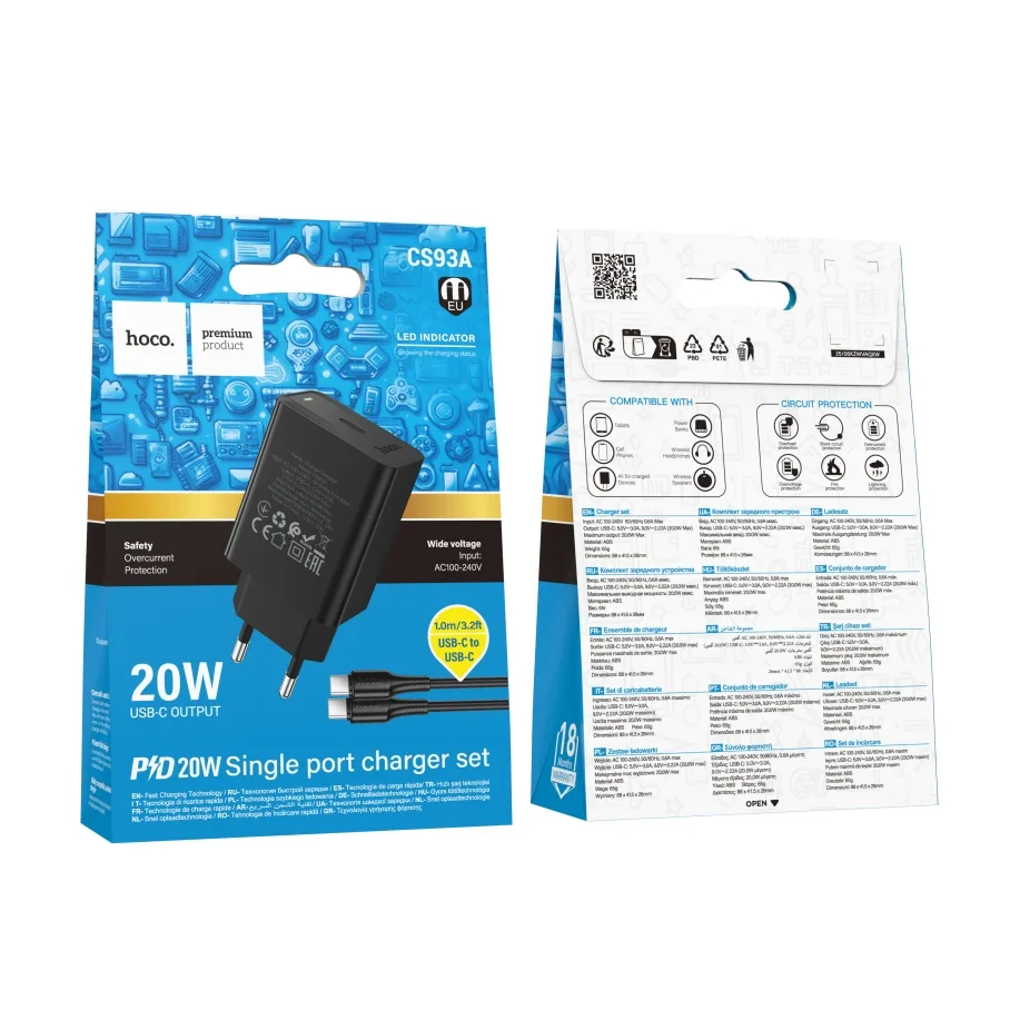 Сетевое Зарядное Устройство Hoco CS93A 1USB-C PD/QC 20W+Type-C to Type-C Чорний
