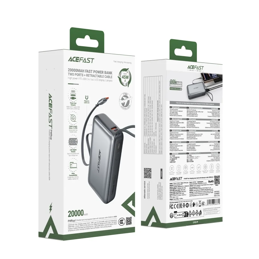 Power Bank AceFast M34 PD45W with cable Type-C, 20000mAh Черный
