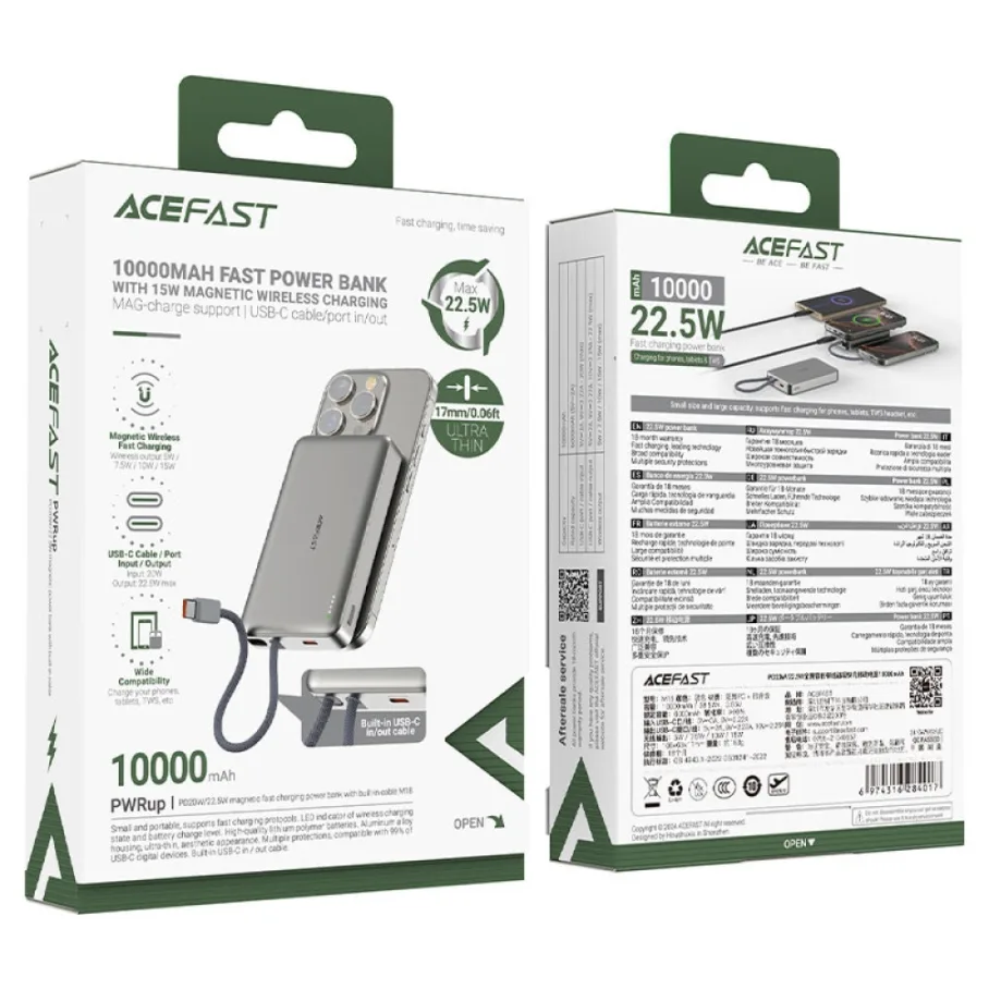 Power Bank AceFast M18 PD20W magnetic wireless charging, with cable Type-C, 10000mAh Черный