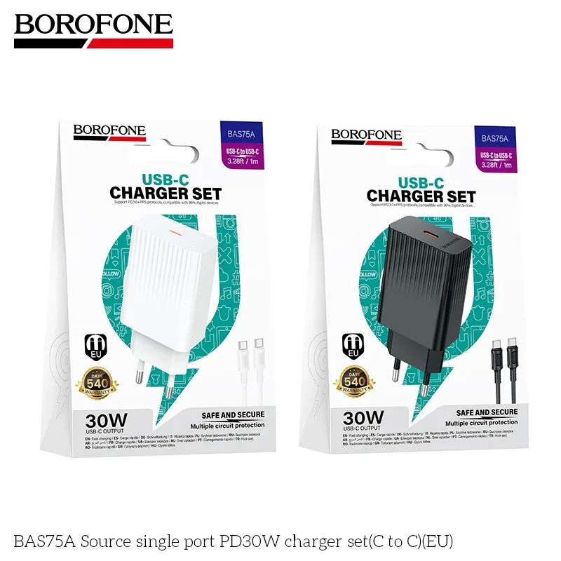 Сетевое Зарядное Устройство Borofone BAS75A 1USB-C PD/QC 30W+Type-C to Type-C Чорний